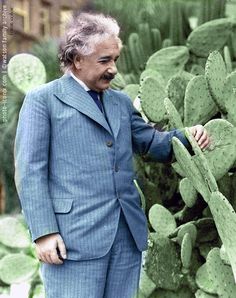 a man in a suit standing next to a cactus