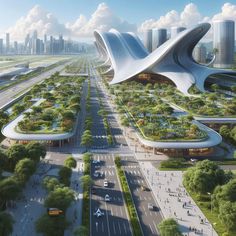 an artist's rendering of a futuristic city in the middle of a large highway