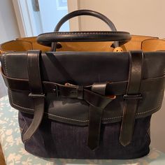 Please Note I Have Cut Out The Middle Divider. Designer Black Canvas Shoulder Bag, Black Coated Canvas Satchel With Leather Trim, Black Satchel With Leather Trim And Coated Canvas, Black Top Handle Bag With Leather Trim, Designer Denim Travel Bag, Designer Denim Tote Bag, Denim Travel Satchel Bag, Travel Denim Shoulder Bag With Top Handle, Travel Denim Satchel Bag