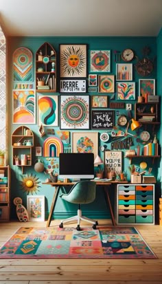 a home office with lots of art on the wall and colorful rug in front of it