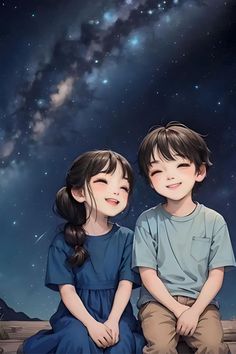 two children are sitting on a bench with the stars in the sky behind them and one is smiling at the camera