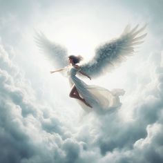 an angel in the clouds with her arms spread out and wings outstretched to the sky