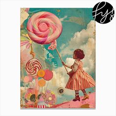 a painting of a girl holding a giant lollipop in the sky with clouds