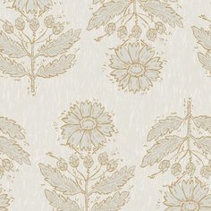 a wallpaper with flowers and leaves in gold on a light beige background, suitable for use as a pattern