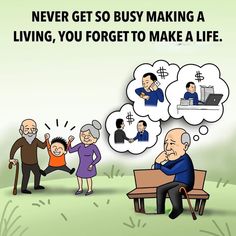 an elderly man is sitting on a bench with his family and thought bubbles above him