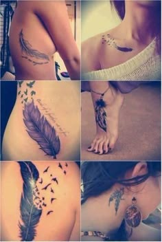 four pictures of different tattoos with feathers on them