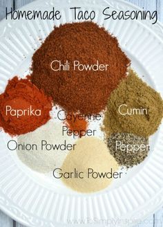 the ingredients for homemade taco seasoning laid out on a white plate with text overlay