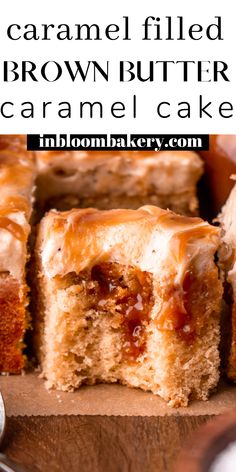 caramel filled brown butter caramel cake on a cutting board