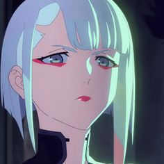 a woman with blonde hair and blue eyes looking at the camera in an anime scene