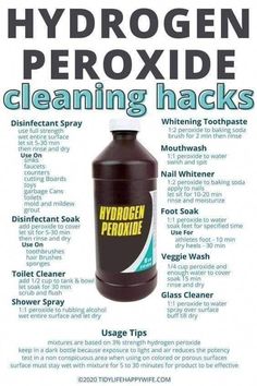 a bottle of hydrogen peroxide cleaning hacks on a white background with information about it