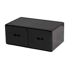 a black box with two drawers on the front and one drawer open to show it's contents