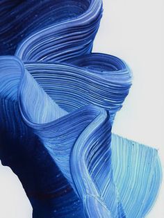 an abstract blue painting with wavy lines in the center, on a white background that appears to be distorted