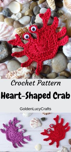 crochet pattern for a heart - shaped crab with eyes and legs on the rocks