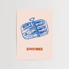 a pink card with an image of sardines in a fishing tackler and the words spoon on it