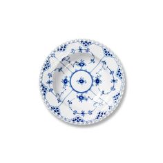 a blue and white plate with an intricate design on the rim, set against a white background