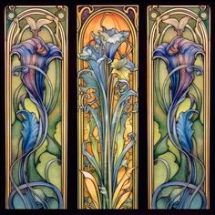 three stained glass panels with flowers on them