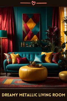 Unveil the magic of this jewel-tone living room, where luxury meets whimsy. The deep teal sofa, adorned with vibrant, richly hued pillows, invites a cozy retreat. A majestic artwork graces the wall, echoing the room's royal palette. Each piece, from the golden ottoman to the intricate rug, adds a touch of splendor. Surrounded by lush greenery and ambient lighting, this space is a testament to an opulent yet welcoming living experience, promising enchanted evenings. Colourful Sofa Ideas, Color Combos For Living Room, Jewel Tone Velvet Couch, Modern Jewel Tone Bedroom, Jewel Tone Cottage, Deep Teal Living Room Ideas, Jewel Tone Lounge, Teal Pillows Living Room, Teal Rooms Ideas