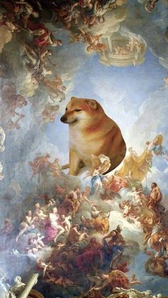 a dog is sitting on top of a painting