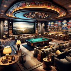 a game room with a pool table, couches and tables in front of a large screen