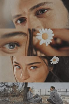 a man and woman sitting next to each other with flowers on their foreheads in front of them