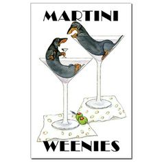 two birds sitting on top of martini glasses with the words martini weenies written below