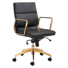 an office chair with gold trimmings and black leather