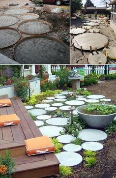 several different pictures of an outdoor area with stepping stones and plants in the middle, including a bench made out of concrete slabs