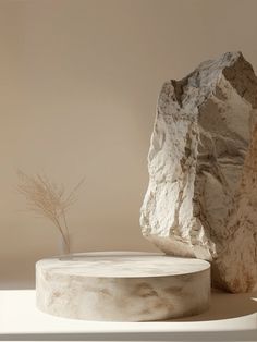 a rock sitting on top of a white table next to a vase with a plant in it