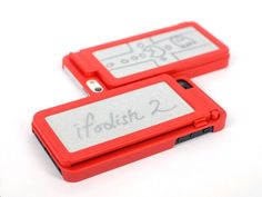 two small red electronic devices with writing on the front and back covers that say fifolish 2