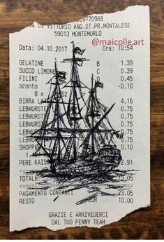 a piece of paper with a drawing of a ship on it