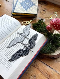 an open book sitting on top of a wooden table next to a mushroom and plant