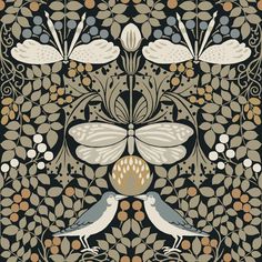 sample butterfly garden black wallpaper from the arts and crafts collection by ronald redding 1 Butterfly Garden Wallpaper, Washable Wallpaper, Coastal Bathroom, Garden Wallpaper, Mind The Gap, York Wallcoverings, Fabric Houses, Burke Decor, Arts And Crafts Movement