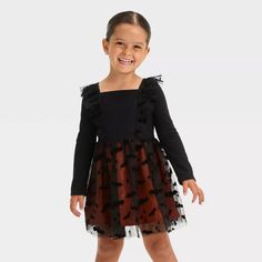 Toddler Girls' Halloween Bat Long Sleeve Tulle Dress - Cat & Jack™ Black 12m : Target Reputation Costume, Black Gothic Outfit, Witches Dinner, Costume Ideas For Kids, Long Sleeve Tulle Dress, Toddler Costumes Girl, Bat Costume, Girls Tulle Dress, Bat Pattern