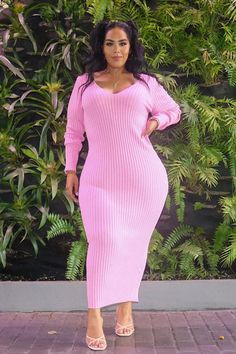 Available In Black, Red, Pink, Blue And Taupe Ribbed Dress V Neckline Ankle Length Long Sleeve Knit 70% Rayon 30% Nylon Imported | Kallan Knit Dress in Pink size 1X by Fashion Nova Bright Outfits, Ribbed Dress, Plus Size Models, Ribbed Dresses, Knit Midi, Knit Midi Dress, Curve Dresses, Womens Loungewear, Rompers Women