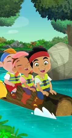 three children are riding on a log in the water, and one boy is wearing a life vest