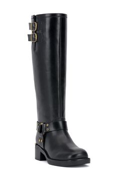 Decorative straps and hardware enhance the equestrian-inspired feel of this knee-high boot. 1 3/4" heel (size 8.5) 16" shaft; 15 1/2" regular calf circumference 16" shaft; 17 wide calf circumference Side zip closure Leather upper/synthetic lining/rubber sole Imported Vince Camuto Black Boots, Black Riding Boots Outfit, Riding Boot Outfits, Black Moto Boots, Womens Riding Boots, Equestrian Boots, Black Riding Boots, Sneaker Dress Shoes, Riding Boot