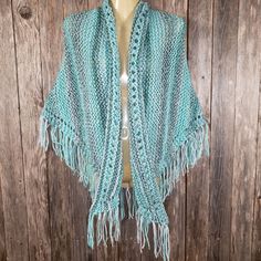 New Aqua Blue Green Multi Chunky Shawl Wrap Scarf Boho Hippie Handmade Knit Knitted Soft Bulky Acrylic Yarn Fringe Along The Bottom Pin It, Wear It Loose, Sideways Or Backwards - Have Fun With It! Approximately 34" Long At Point In The Back And 56" Wide Knitted In A Smoke Free Home By My Mom Hand Wash Cold & Lay Flat To Dry Shawl Pin Not Included And Sold Separately :) Pydomi B4 Blue Fringe Poncho One Size, Blue One-size Poncho With Fringe, One Size Blue Poncho With Fringe, Blue Crochet Yarn Shawl, Blue Crochet Shawl One Size, Hand Knitted Blue Shawl One Size, Hand Knitted Blue Shawl For Winter, Blue Hand Knitted Winter Shawl, Hand Knitted Blue Winter Shawl