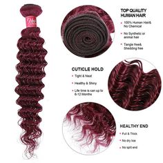 This 99J Burgundy Deep Wave Human Hair Bundles With Lace Closure 3 Bundles of Brazilian Hair Bundles offer a perfect combination of color, texture, and quality. 100% human hair allows for a natural look and feel with extra body and shine. The deep wave pattern creates a voluminous and beautiful aesthetic. Burgundy Deep Wave, Deep Wave Weave Hairstyles, Crimping Iron, Deep Wave Brazilian Hair, Deep Wave Human Hair, Lace Closure Hairstyles, Colored Hair Extensions, Extension Hair, Hair Care Oil