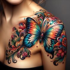 a woman's colorful butterfly tattoo on her chest and shoulder, with flowers all over it