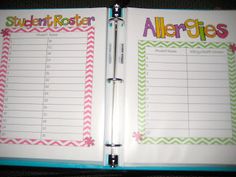 an open planner book with student notes on the cover and colorful chevroned borders