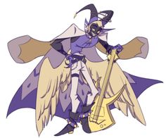 an anime character holding a guitar and wearing a purple outfit with wings on her shoulders