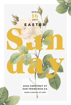 the sun day flyer is shown with flowers and leaves in yellow on a white background