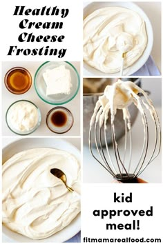 a collage of photos showing how to make cream cheese frosting for desserts