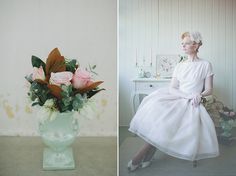 two pictures one in white dress and the other in pink flowers sitting on a table