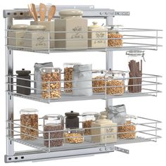 three tiered spice rack with spices and nuts