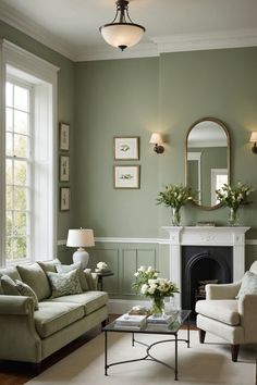 a living room filled with furniture and a fire place in front of a mirror on the wall