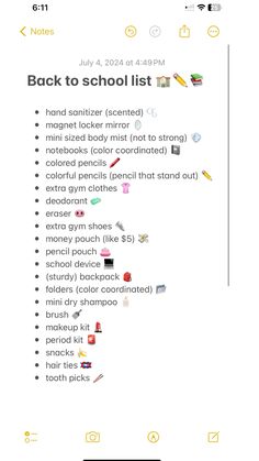 the back to school list is shown in this screenshote, and it appears to be filled with random items