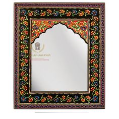 a mirror with an ornate border around the edges and a decorative frame in black, red, yellow and green colors