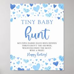 a card that says tiny baby bunt with blue hearts on the front and bottom