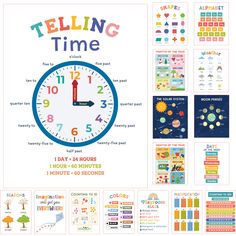 the telling time poster is shown with various activities and instructions for children to learn how to tell